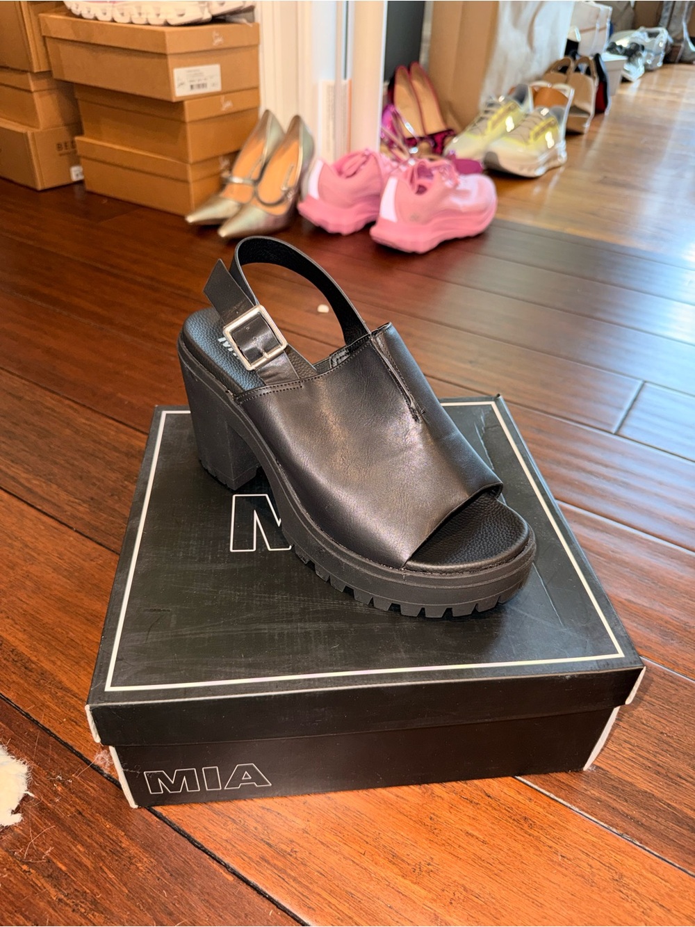 MIA Black Chunky Lug Sole Slingback Platform Sandal